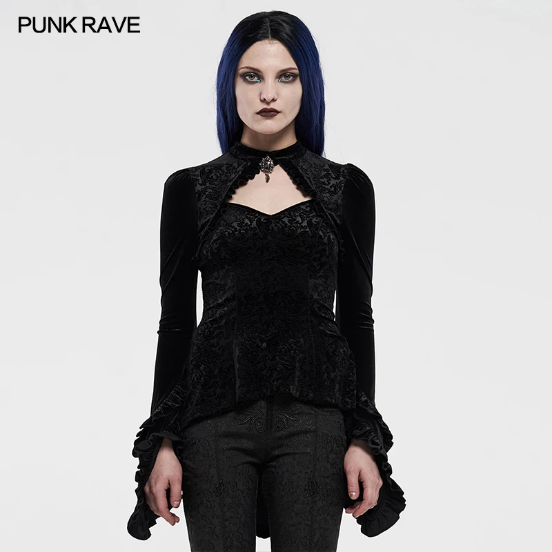 PUNK RAVE Gorgeous Hollow Out Heart-shaped Bandeau Collar Irregular Cuff Top Women's Gothic Velvet Shadow Flower T-shirt
PUNK RAVE Gorgeous Hollow Out Heart-shaped Bandeau Collar Irregular Cuff Top Women's Gothic Velvet Shadow Flower T-shirt