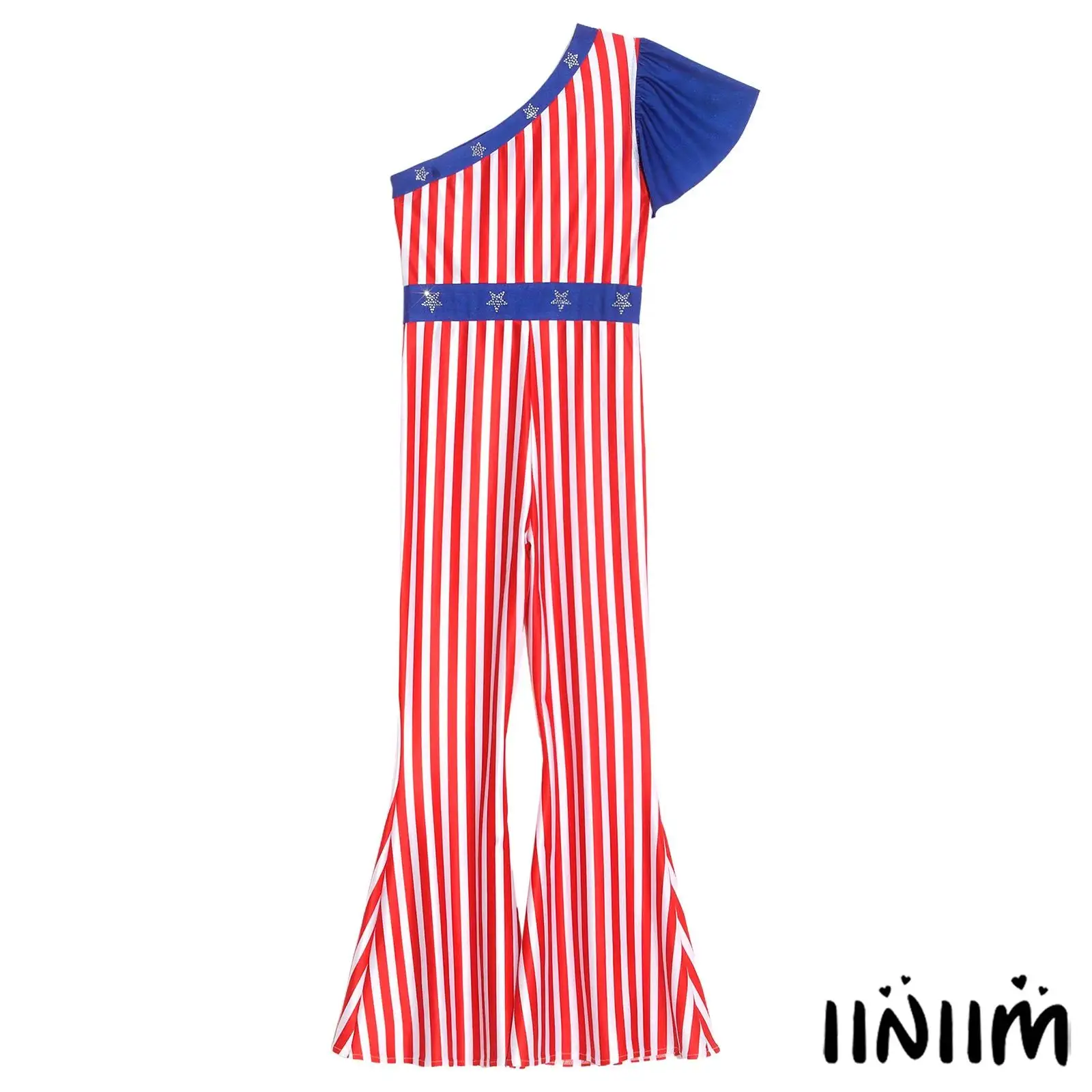 Girls July 4th Independence Day Striped Jumpsuit Sparkly Stars One Shoulder Ruffled Sleeve Flared Pants Rompers for Halloween
Girls July 4th Independence Day Striped Jumpsuit Sparkly Stars One Shoulder Ruffled Sleeve Flared Pants Rompers for Halloween