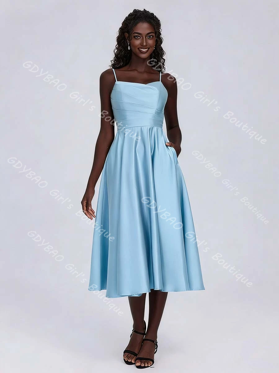 A-line Pleated Satin Bridesmaid Dress for Wedding Spaghetti Strap Tea-Length Prom Dress with Pockets Custom Vestidos de Festa
A-line Pleated Satin Bridesmaid Dress for Wedding Spaghetti Strap Tea-Length Prom Dress with Pockets Custom Vestidos de Festa