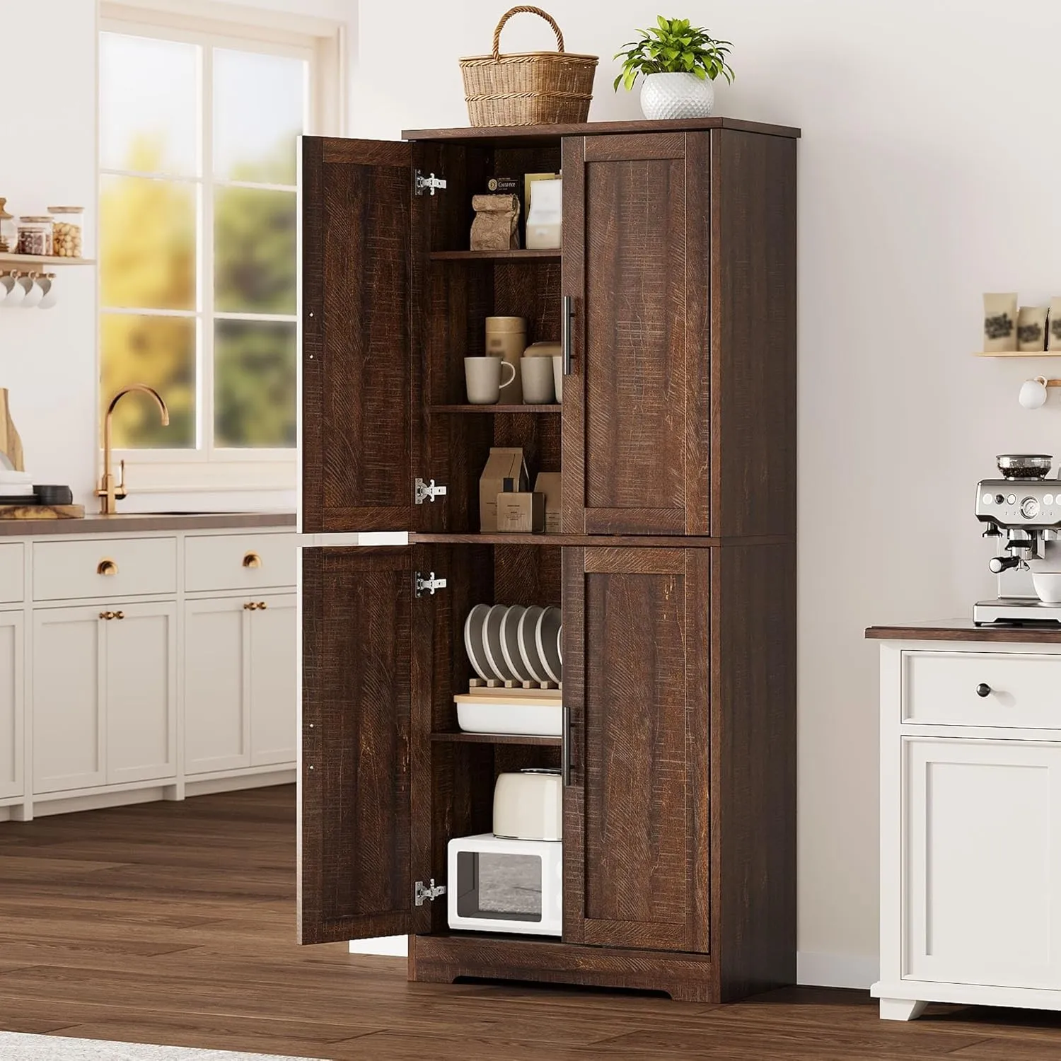 70" Kitchen Pantry Cabinet w 4 Doors, Freestanding Storage w Adjustable Shelves
70" Kitchen Pantry Cabinet w 4 Doors, Freestanding Storage w Adjustable Shelves