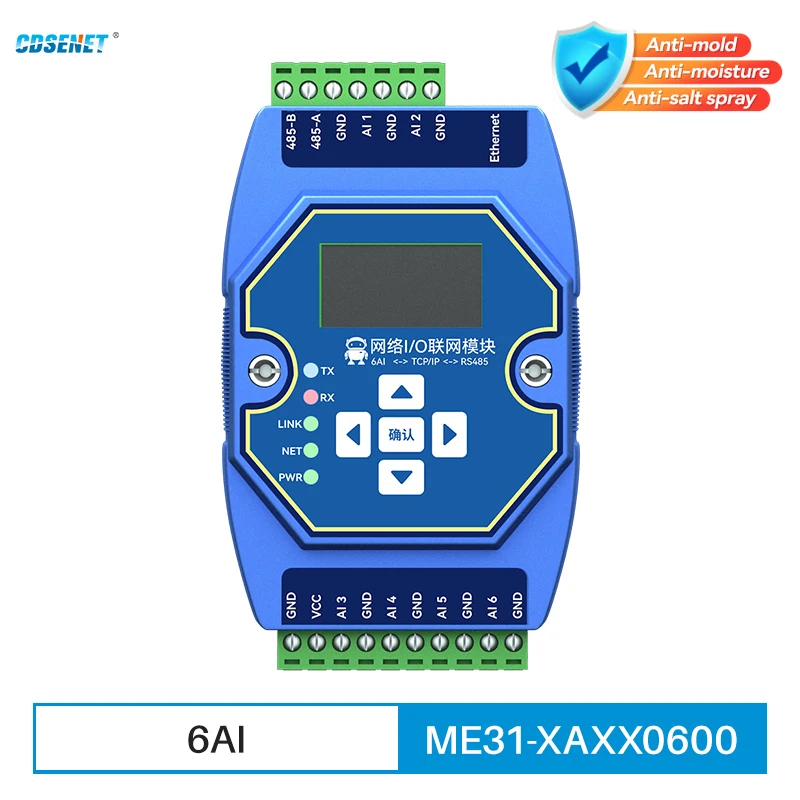 6AI RS485 RJ45 Etherent Analog and Digital Acquisition Control CDSENET ME31-XAXX0600 ModBus TCP RTU I/O Networking Module
6AI RS485 RJ45 Etherent Analog and Digital Acquisition Control CDSENET ME31-XAXX0600 ModBus TCP RTU I/O Networking Module