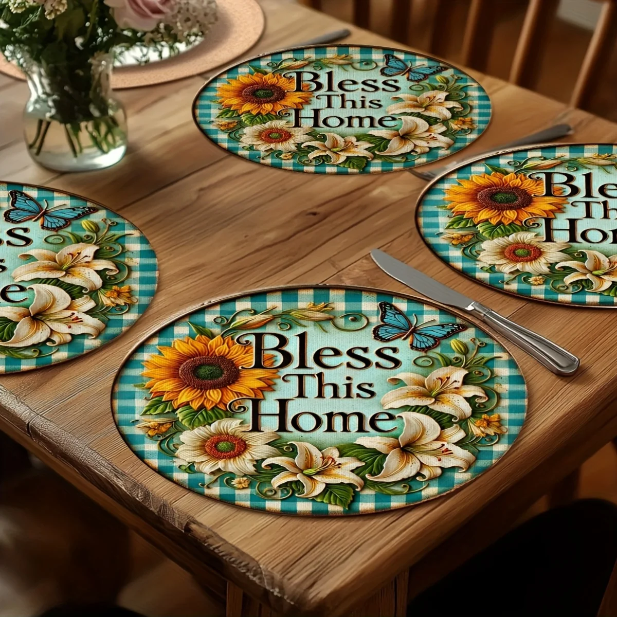 4-Piece Retro Blessing Round Placemats for This House | Sunflower, Lily and Butterfly Designs for Family Dining, Dining and Kitchen Decorations, Fast Dishes | Vivid Table Decorations | 15X15 Inch, Polyester
4-Piece Retro Blessing Round Placemats for This House | Sunflower, Lily and Butterfly Designs for Family Dining, Dining and Kitchen Decorations, Fast Dishes | Vivid Table Decorations | 15X15 Inch, Polyester