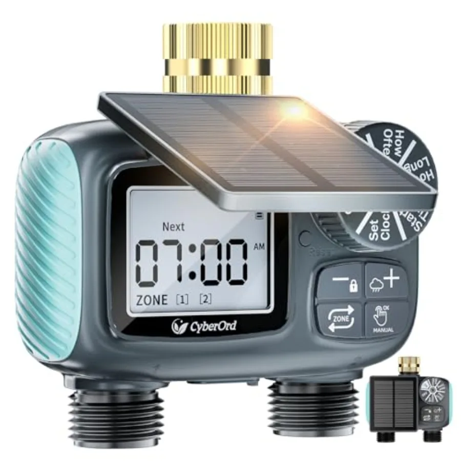 Garden hose timer for outdoor irrigation use ABS plastic body in black solar-powered with 2-zone digital control auto/manual/ra
Garden hose timer for outdoor irrigation use ABS plastic body in black solar-powered with 2-zone digital control auto/manual/ra