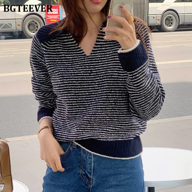 BGTEEVER Casual Turn-down Collar Loose Female Striped Sweater Jumpers Long Sleeve Women Knitted Pullovers Autumn Winter Knitwear
BGTEEVER Casual Turn-down Collar Loose Female Striped Sweater Jumpers Long Sleeve Women Knitted Pullovers Autumn Winter Knitwear