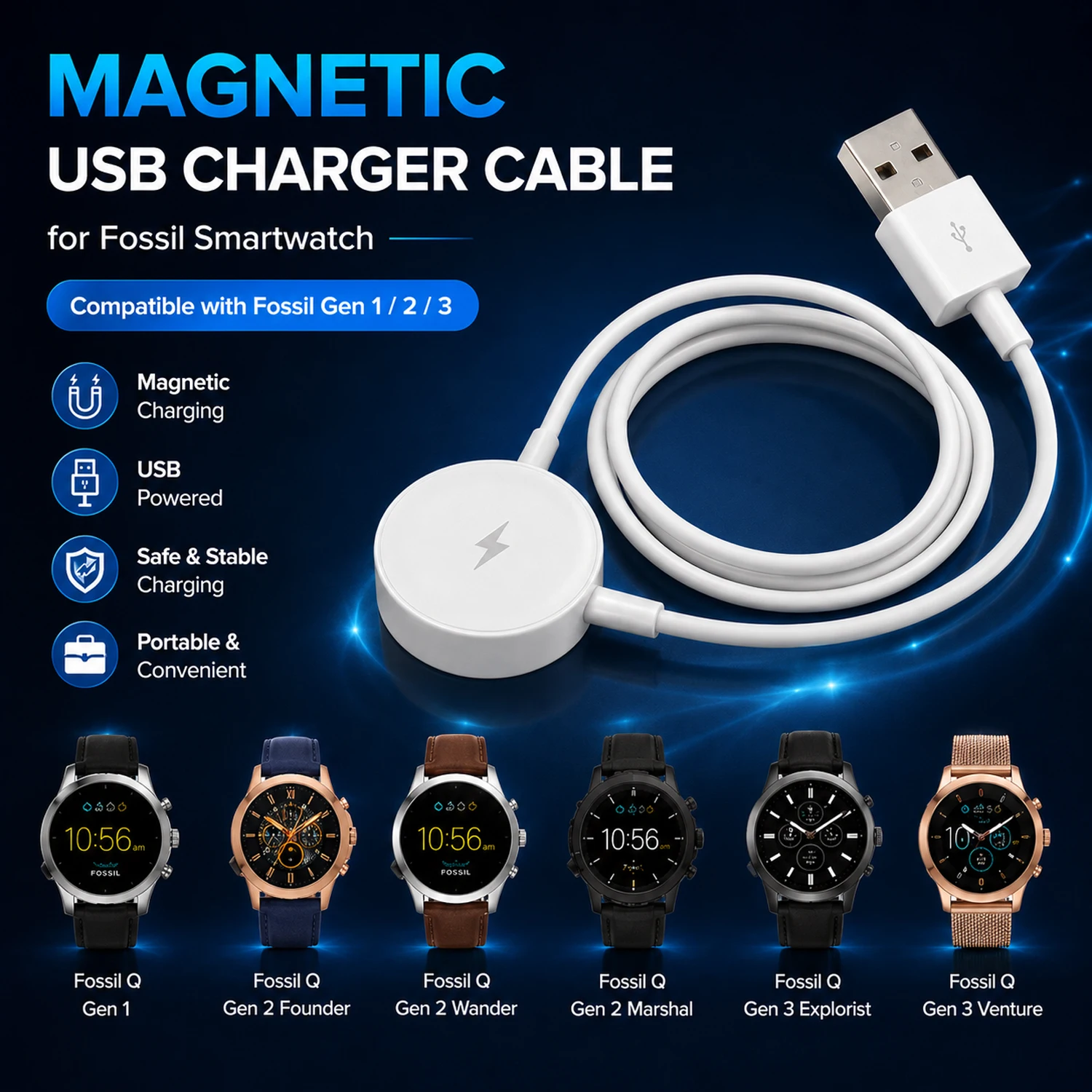 USB Magnetic Charging Cable For Smart Watch Replacement Charger for Fossil Gen 1/2/3 Watch Charger Adapter
