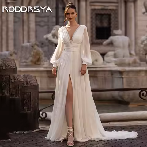 RODDRSYA 빈티지 시폰 웨딩 드레스, 긴 퍼프 소매, 보호 V넥 비즈, 신부 원피스 스플릿 베스티도, 노비아 바디 빈티지 포크 쉬폰 웨딩 드레스 롱 퍼피 슬리브 보헤미안 브이넥 비즈 스플릿 브라이덜 가운