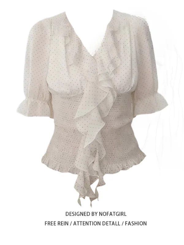 Elegant Polka Dot Chiffon Shirt Women's Summer V Neck Sash Slimming Bubble Sleeve Top Korean Style Commute Wind Regular Fit
Elegant Polka Dot Chiffon Shirt Women's Summer V Neck Sash Slimming Bubble Sleeve Top Korean Style Commute Wind Regular Fit