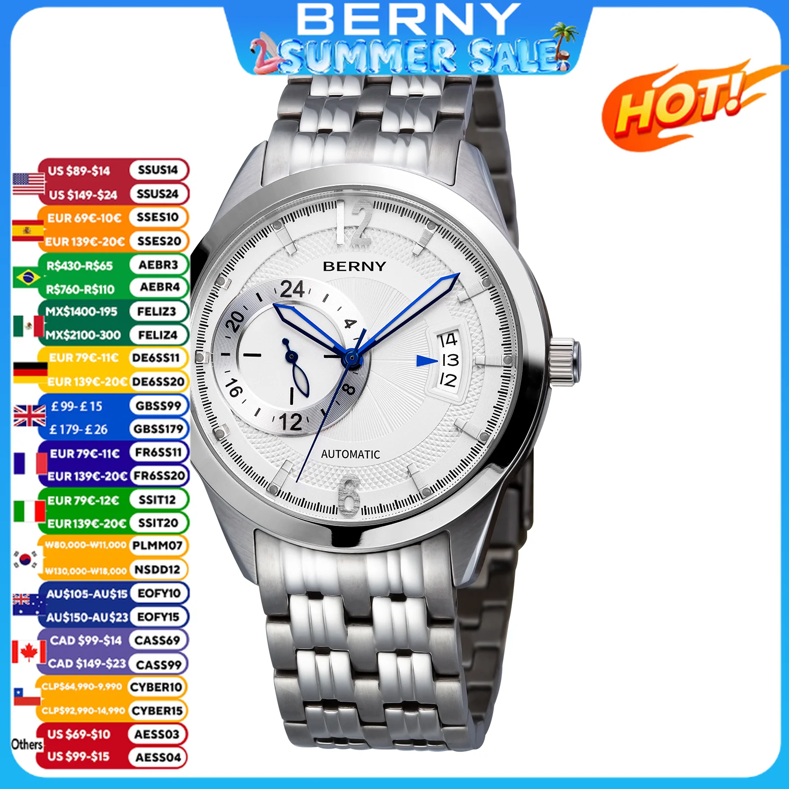 BERNY Men Mechanical Watch Automatic Multifunction Luminous Calendar Clock Waterproof Men Wristwatch
BERNY Men Mechanical Watch Automatic Multifunction Luminous Calendar Clock Waterproof Men Wristwatch