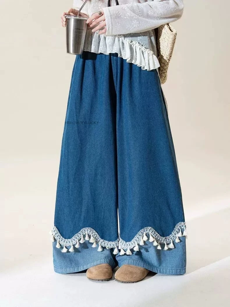 Chinese Style Pants Dark Blue Fringe wide-leg Jeans For Women Spring loose-fitting Flowy Slimming Straight Pants Women Trousers
Chinese Style Pants Dark Blue Fringe wide-leg Jeans For Women Spring loose-fitting Flowy Slimming Straight Pants Women Trousers