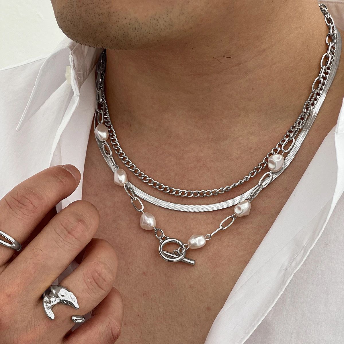 KunJoe 3pcs Trendy Multilayer Flat Snake Chain Necklace for Men Imitation Pearl OT Buckle Choker Necklace Male Street jewelry
KunJoe 3pcs Trendy Multilayer Flat Snake Chain Necklace for Men Imitation Pearl OT Buckle Choker Necklace Male Street jewelry