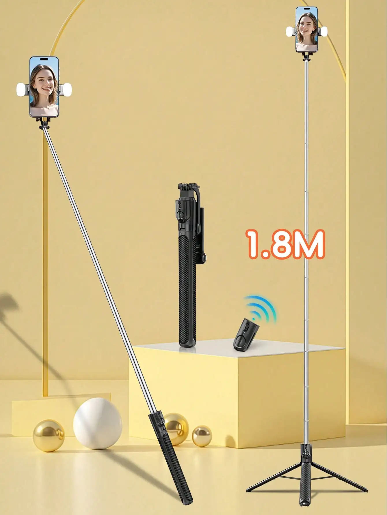 Alloy Large Size Mobile Photography Accessory Professional 1.8m Bluetooth Selfie Stick 10m Wireless Remote Control 360° Rotatable & Detachable Phone Holder Stable Floor Tripod Dual LED Fill Lights Adjustable Photography Assistant Compatible With IPhone 17
Alloy Large Size Mobile Photography Accessory Professional 1.8m Bluetooth Selfie Stick 10m Wireless Remote Control 360° Rotatable & Detachable Phone Holder Stable Floor Tripod Dual LED Fill Lights Adjustable Photography Assistant Compatible With IPhone 17