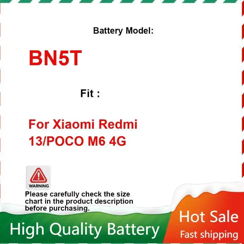 BN5T Mobile Phone Battery High-Capacity 5030Mah For Xiaomi Redmi 13 Poco M6 4G
BN5T Mobile Phone Battery High-Capacity 5030Mah For Xiaomi Redmi 13 Poco M6 4G