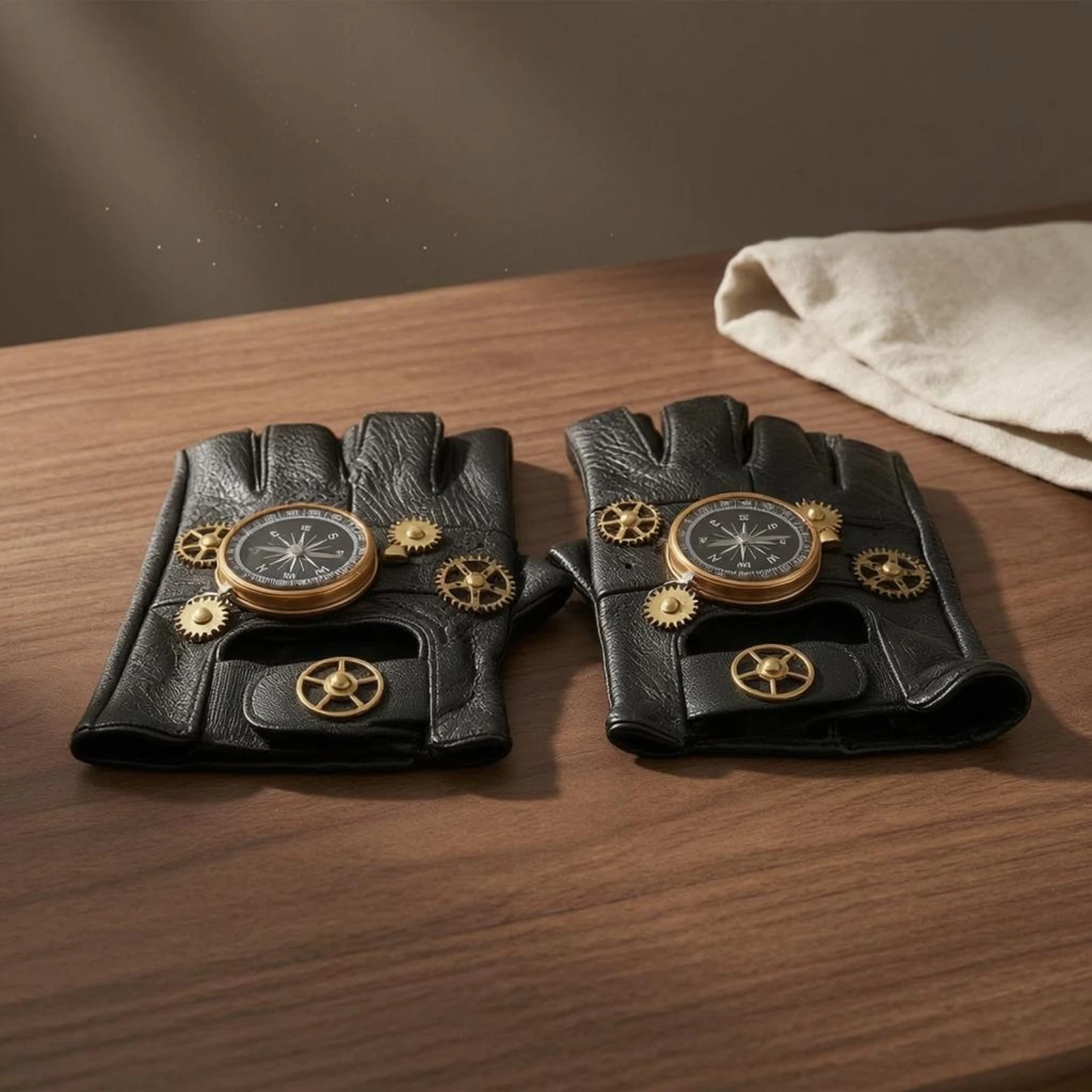 Steampunk Fingerless Gloves Gold-Tone Gear Details Black Leather Fingerless Gloves Fashion Accessory Compass Dial
Steampunk Fingerless Gloves Gold-Tone Gear Details Black Leather Fingerless Gloves Fashion Accessory Compass Dial