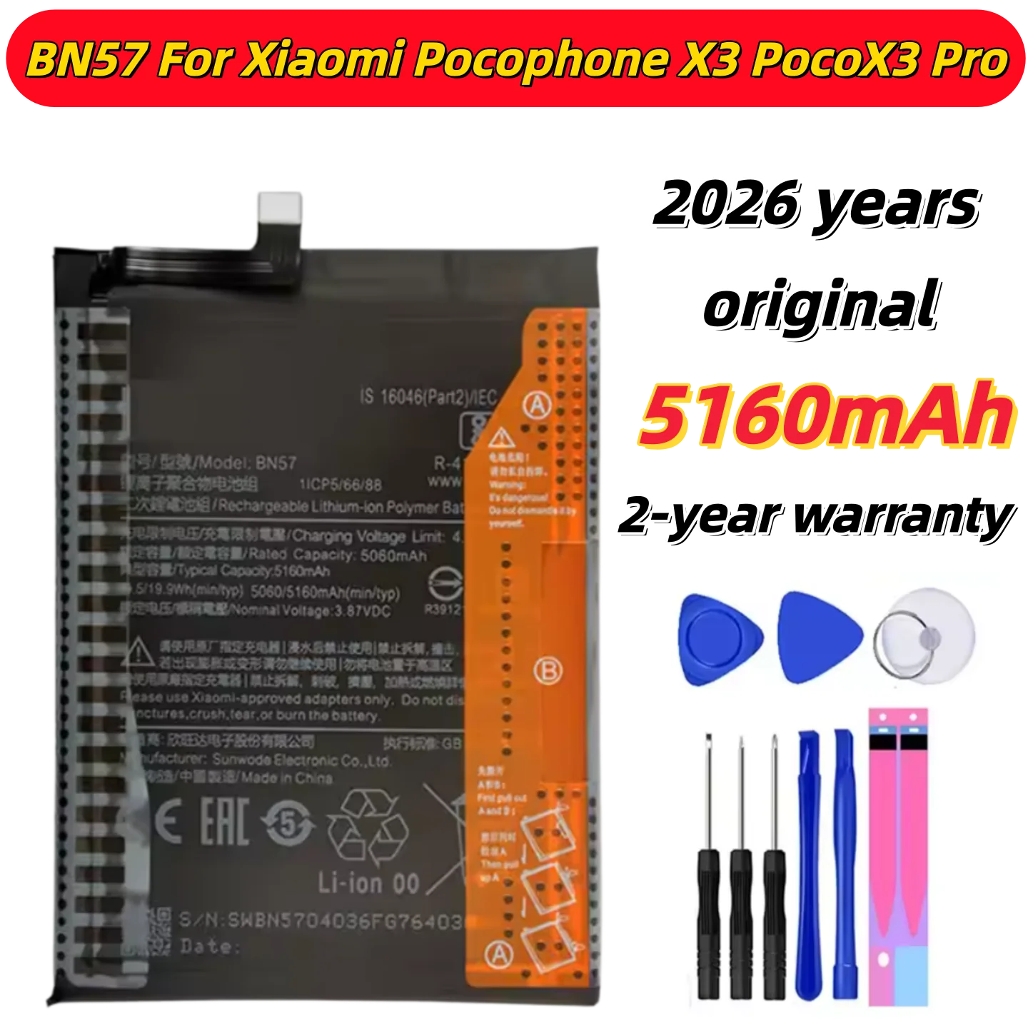 2026 years Brand New BN57 5160mAh Battery For Xiaomi Pocophone X3 Poco /X3 Pro Phone Replacement Batteries+Tools
2026 years Brand New BN57 5160mAh Battery For Xiaomi Pocophone X3 Poco /X3 Pro Phone Replacement Batteries+Tools