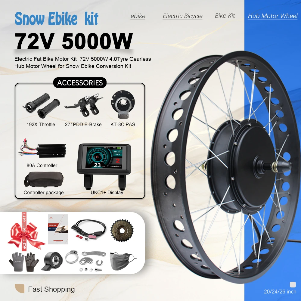 72V 5000W Ebike Conversion Kit Fat Tire Rear Wheel Hub Motor for 24/26/28inch Electric Bicycle Snow Bike 4.0 Tire 170MM Dropout
72V 5000W Ebike Conversion Kit Fat Tire Rear Wheel Hub Motor for 24/26/28inch Electric Bicycle Snow Bike 4.0 Tire 170MM Dropout