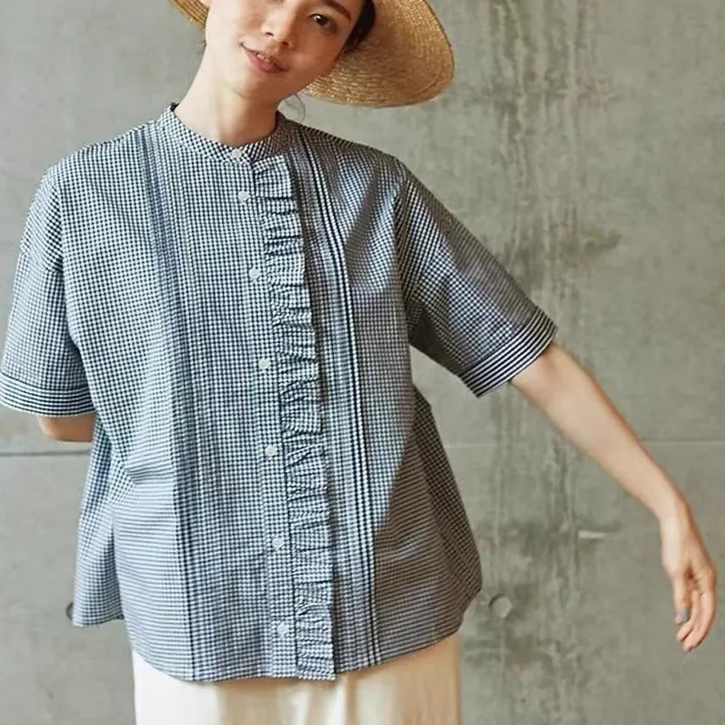 Sweet Style Summer New Japanese A-Brand Shirt Fashionable Stand Collar Plaid Color Earlet Lace Trim Shirt Women's Cotton
Sweet Style Summer New Japanese A-Brand Shirt Fashionable Stand Collar Plaid Color Earlet Lace Trim Shirt Women's Cotton
