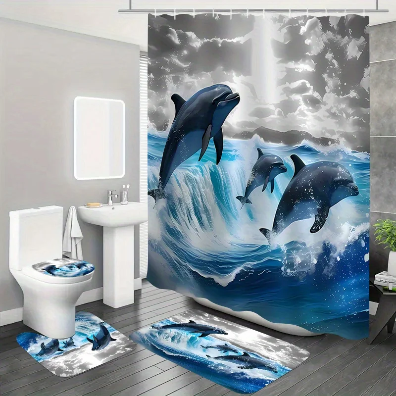 4-piece dolphin jumping pattern, shower curtain set with 12 hooks, bath mat and toilet seat, U-shaped mat, bathroom accessories
4-piece dolphin jumping pattern, shower curtain set with 12 hooks, bath mat and toilet seat, U-shaped mat, bathroom accessories