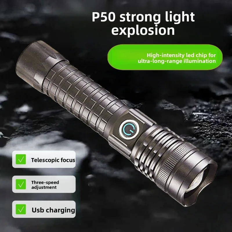 P50 Zoomable High-Power Flashlight - Super Bright, Rechargeable, Long-Lasting for Home, Outdoor Hiking, Camping & Emergency
P50 Zoomable High-Power Flashlight - Super Bright, Rechargeable, Long-Lasting for Home, Outdoor Hiking, Camping & Emergency