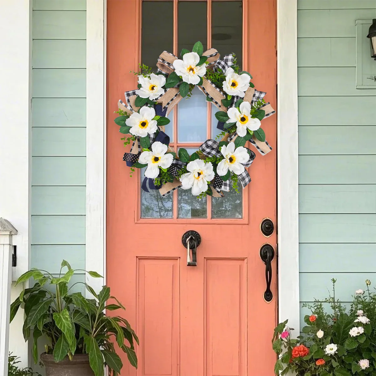 Artificial Magnolia Wreath for Front Door, Green 17.7Inch Wreath with Plaid Bow for Front Porch, Farmhouse, Outside,
Artificial Magnolia Wreath for Front Door, Green 17.7Inch Wreath with Plaid Bow for Front Porch, Farmhouse, Outside,