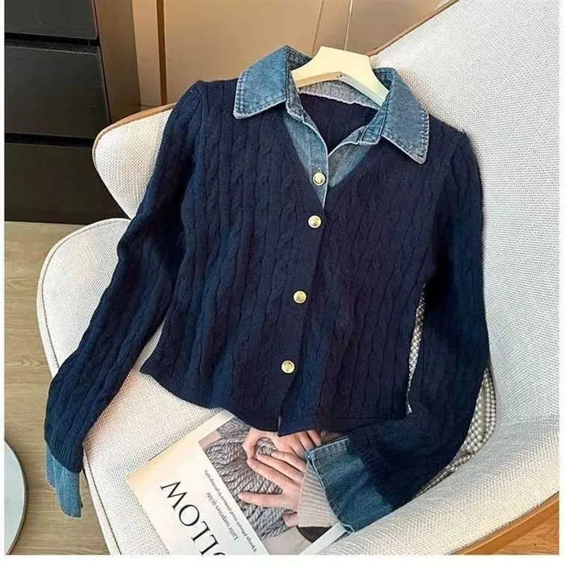 Blue Collared Denim Patchwork Long Sve Knitted Top Women's ort Sle Versatile Autumn College Sle Faionable Top
Blue Collared Denim Patchwork Long Sve Knitted Top Women's ort Sle Versatile Autumn College Sle Faionable Top