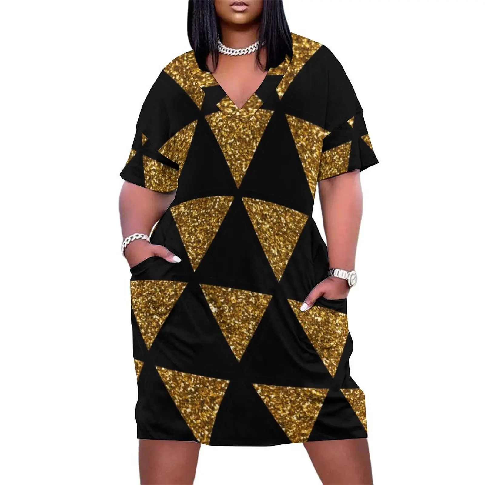 Black and Glitter Gold Geometric Triangle Pattern Design Loose Pocket Dress sensual sexy dress for women womens clothing
Black and Glitter Gold Geometric Triangle Pattern Design Loose Pocket Dress sensual sexy dress for women womens clothing