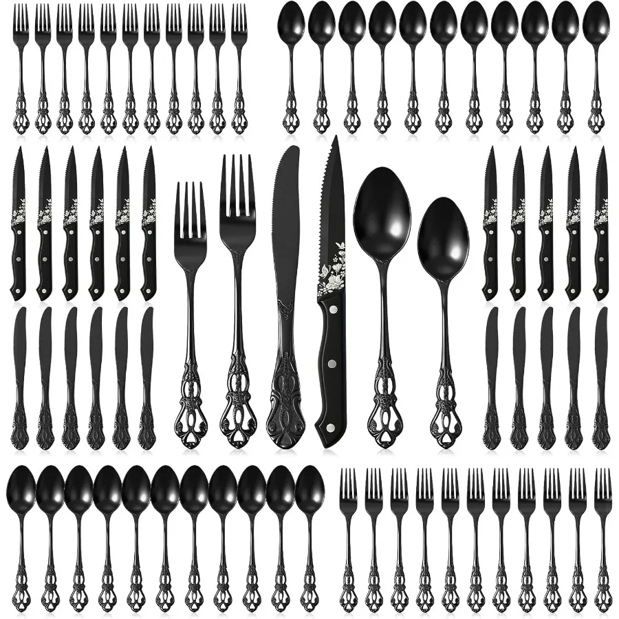 72 Pcs Black Gothic Silverware Set Royal Stainless Steel Mirror Vintage Flatware with Black Spoons Forks Knives Dishwasher Safe
72 Pcs Black Gothic Silverware Set Royal Stainless Steel Mirror Vintage Flatware with Black Spoons Forks Knives Dishwasher Safe