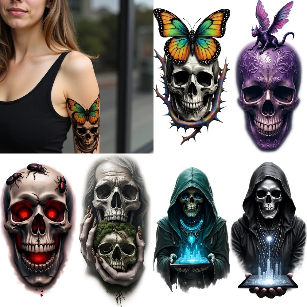 3pcs Temporary Tattoo Colorful Realism Skull With Green Eyes And Butterflies Skull With Butterfly Hooded Skeleton Hologram For
3pcs Temporary Tattoo Colorful Realism Skull With Green Eyes And Butterflies Skull With Butterfly Hooded Skeleton Hologram For