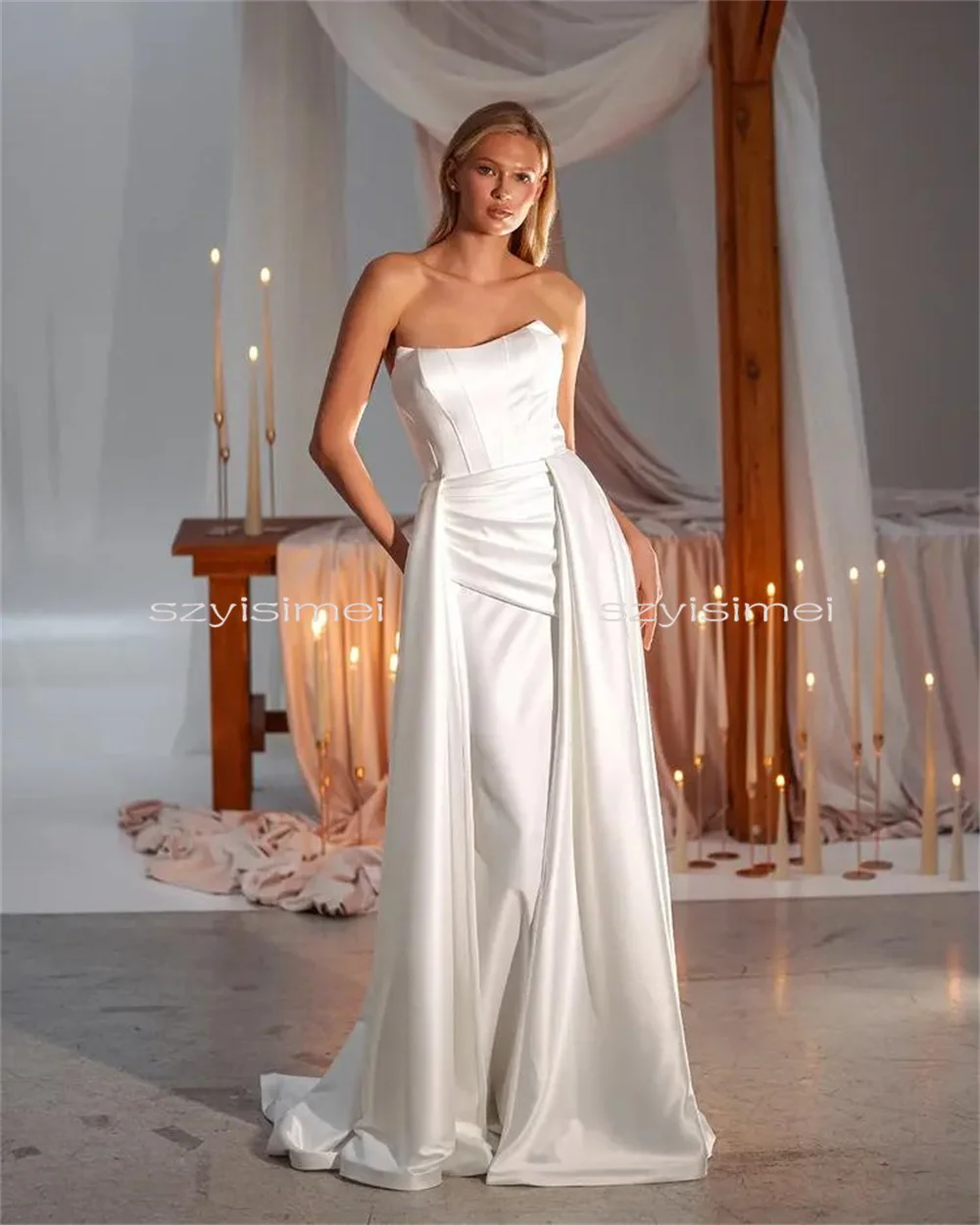 Свадебные платья-футляр/русалка без бретелек со съемным шлейфом, атласное вечернее платье без рукавов на заказ, Vestido De Noival 
Свадебные платья-футляр/русалка без бретелек со съемным шлейфом, атласное вечернее платье без рукавов на заказ, Vestido De Noival