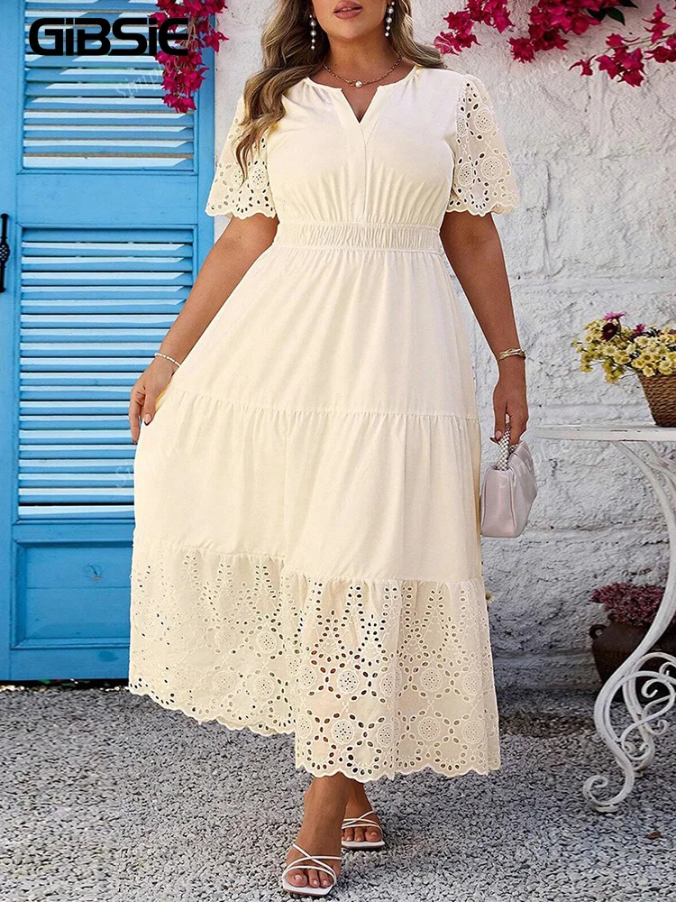 GIBSIE Plus Size Notch Neck Elastic Waist Ruffle Hem Dress Women Summer Sweet Vacation Party Solid Lace Big Swing Long Dresses
GIBSIE Plus Size Notch Neck Elastic Waist Ruffle Hem Dress Women Summer Sweet Vacation Party Solid Lace Big Swing Long Dresses