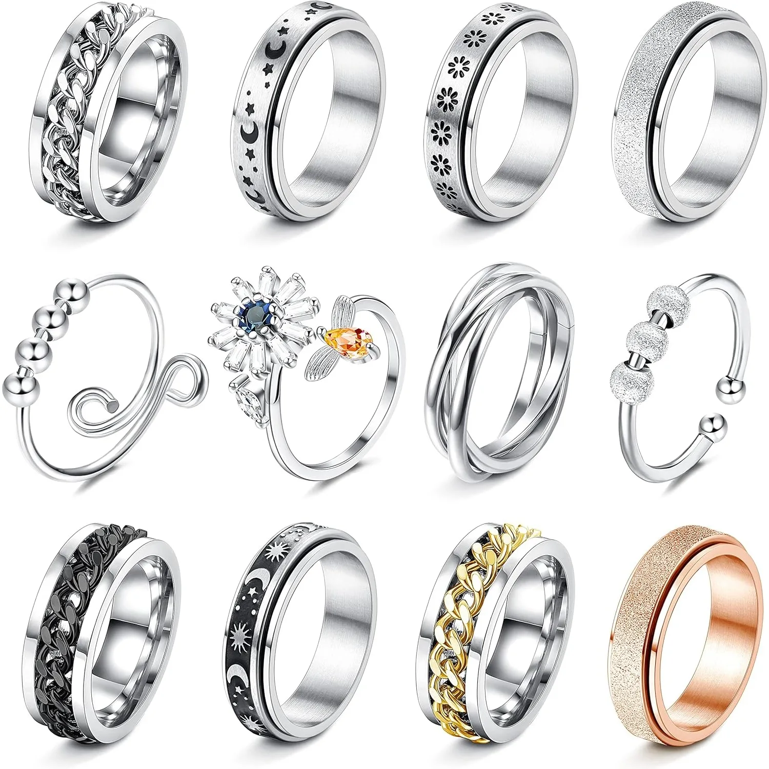Bobisty 12Pcs Fidget Anxiety Rings for Women Men Stainless Steel Spinner Relieving Stress Rings Flower Moon Star Ring Adjustable
Bobisty 12Pcs Fidget Anxiety Rings for Women Men Stainless Steel Spinner Relieving Stress Rings Flower Moon Star Ring Adjustable