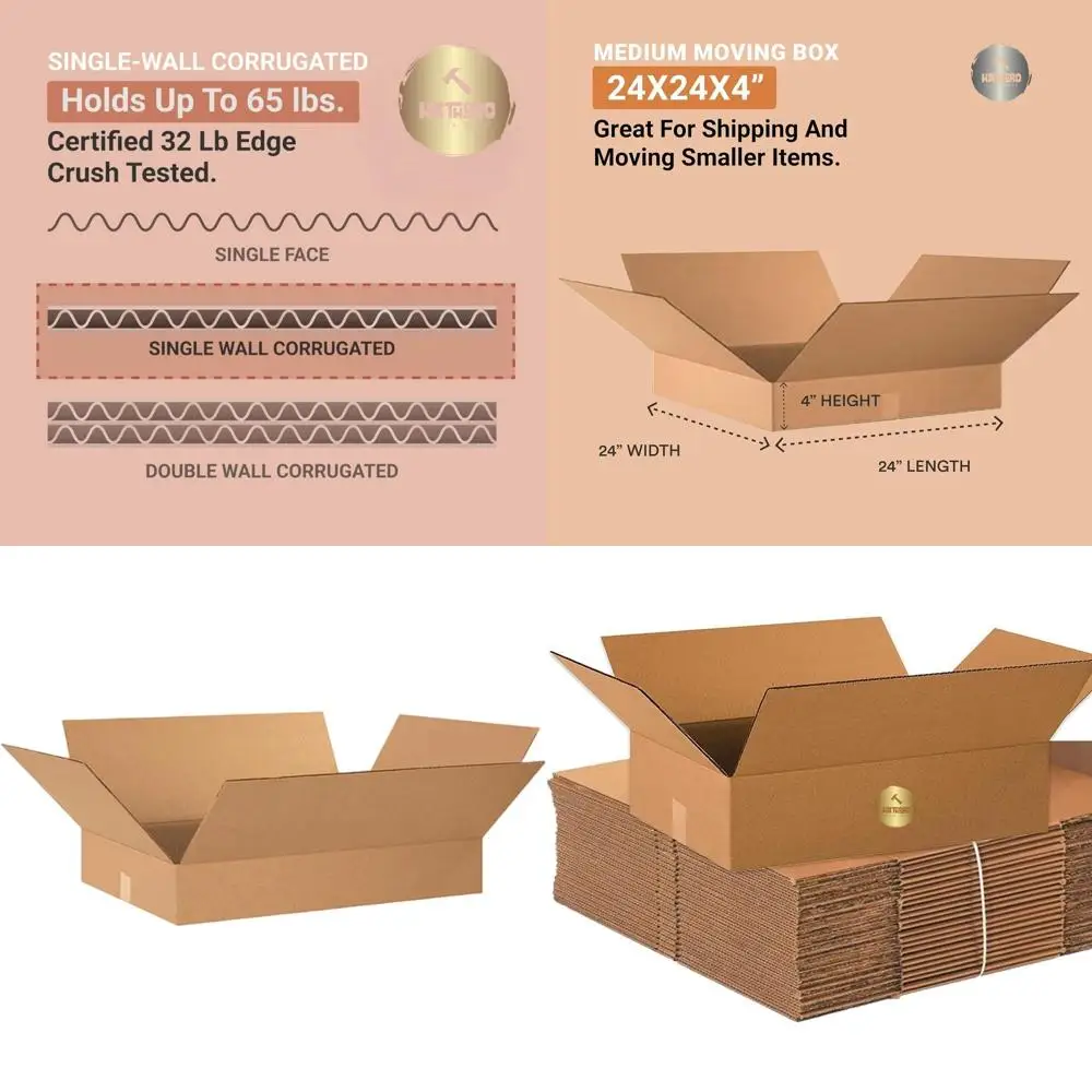 24L x 24W x 4H Single-Wall Corrugated Cardboard Boxes - 10 Pack for Moving, Packing, Storage
24L x 24W x 4H Single-Wall Corrugated Cardboard Boxes - 10 Pack for Moving, Packing, Storage