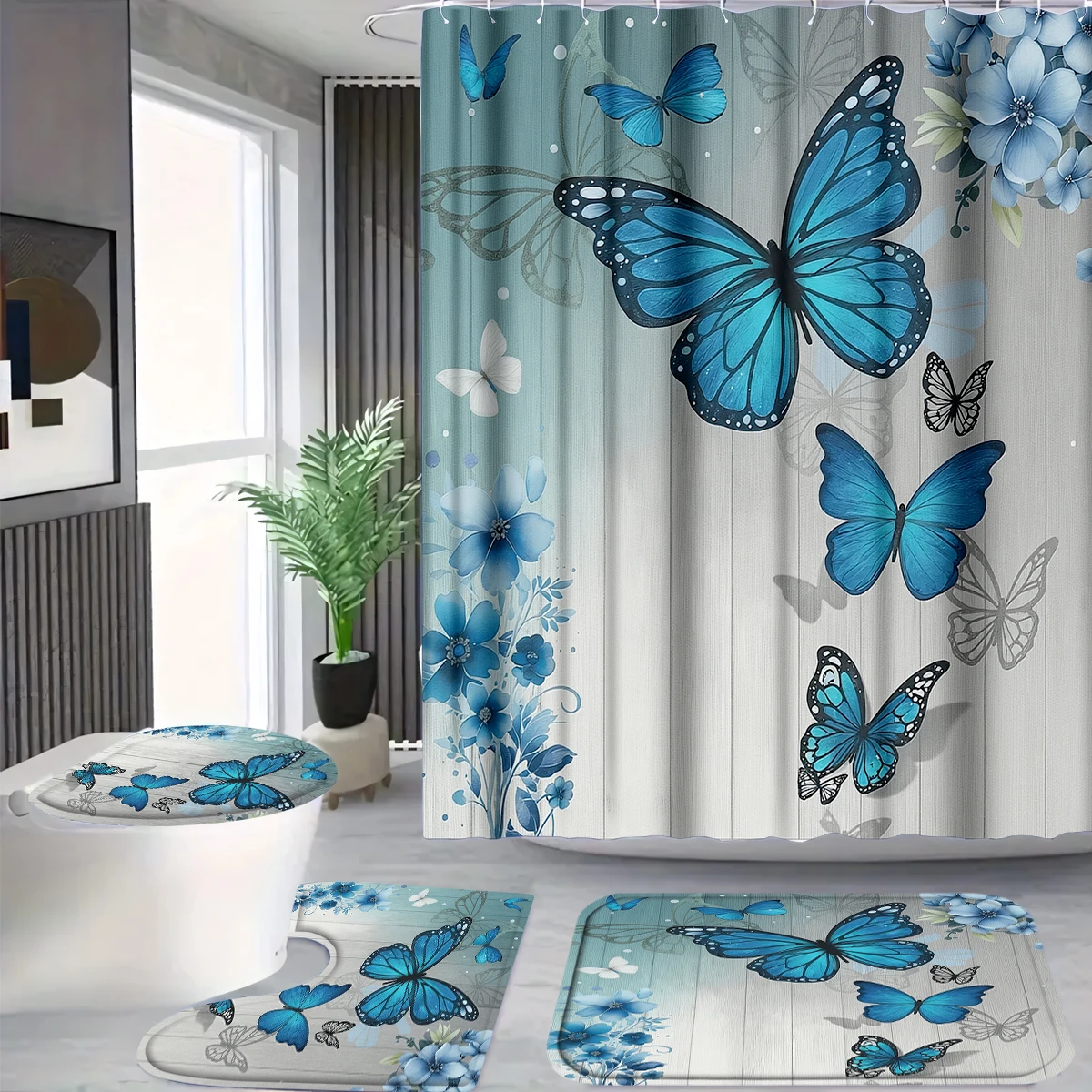 4Pcs Blue Butterfly Floral Shower Curtain Set with Hooks, Rustic Wood Print Waterproof Mildew Resistant Fabric Bath Mat for Family Bathroom Home Decor
4Pcs Blue Butterfly Floral Shower Curtain Set with Hooks, Rustic Wood Print Waterproof Mildew Resistant Fabric Bath Mat for Family Bathroom Home Decor