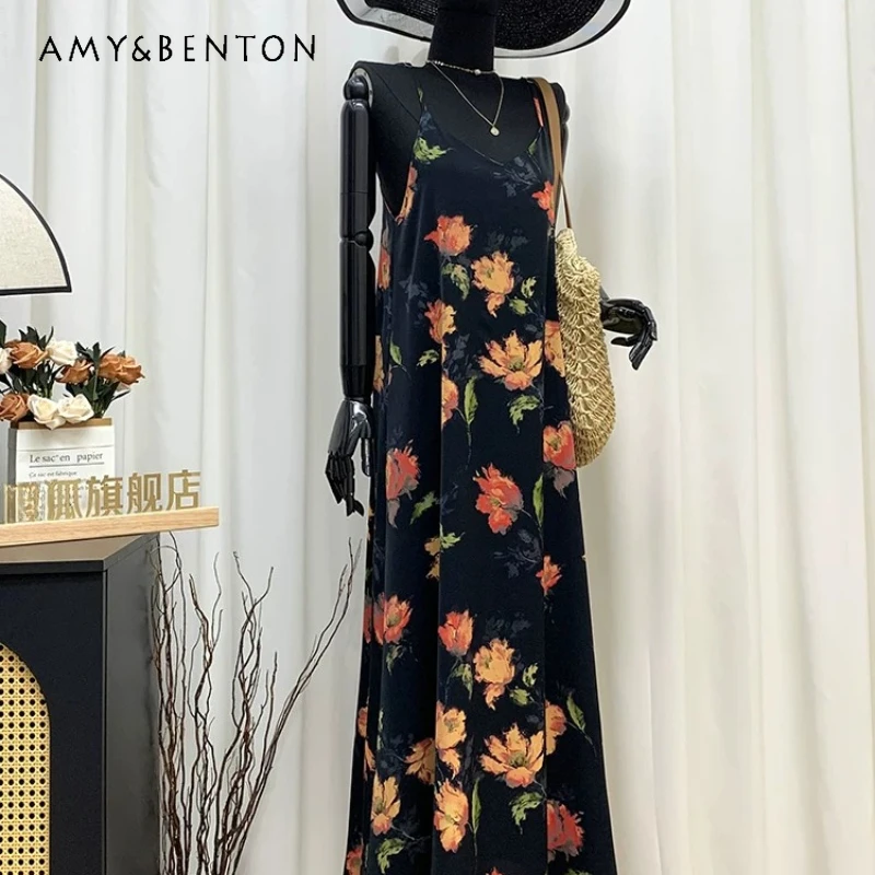 Exquisite High Waist Holiday Women's Beach Dress 2026 Summer New Black Floral Print V-neck Loose Thin Long Sling Dresses Ladies
Exquisite High Waist Holiday Women's Beach Dress 2026 Summer New Black Floral Print V-neck Loose Thin Long Sling Dresses Ladies