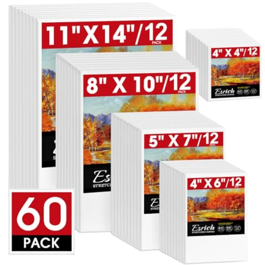 Stretched Canvas for Painting, 60 Pack Multi Size11x14, 8x10, 5x7, 4x6, 4x4, Blank Primed Canvases for Oil and Acrylic Painting
Stretched Canvas for Painting, 60 Pack Multi Size11x14, 8x10, 5x7, 4x6, 4x4, Blank Primed Canvases for Oil and Acrylic Painting