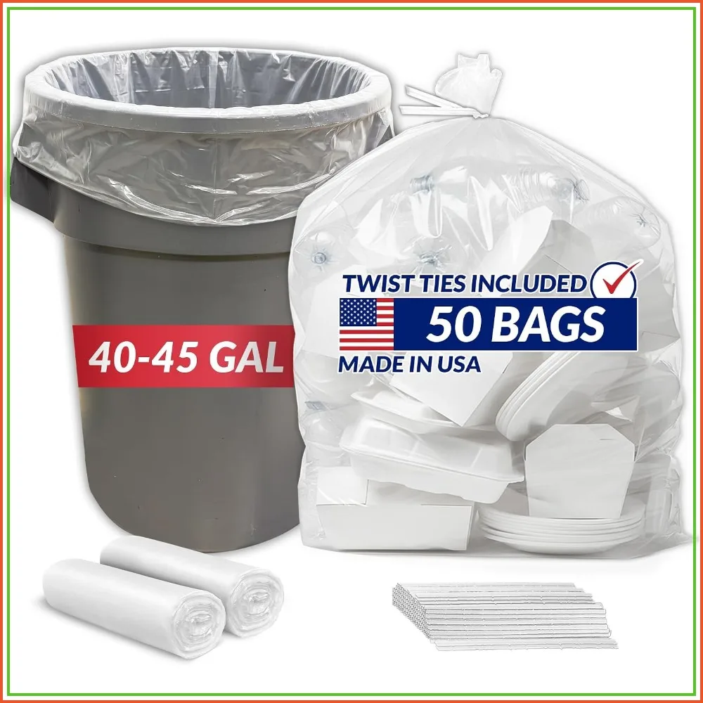 Heavy Duty 40-45 Gallon Trash Bags, 50 Count with Ties, Clear, Super Strong for Tough Cleanup
Heavy Duty 40-45 Gallon Trash Bags, 50 Count with Ties, Clear, Super Strong for Tough Cleanup