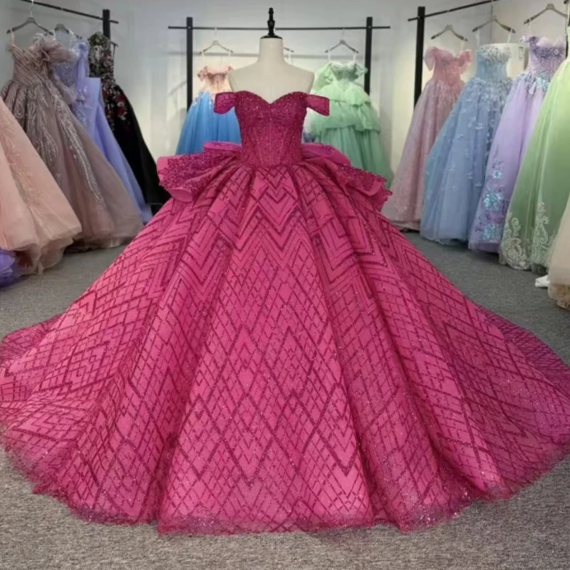 Rose Red Shiny Quinceanera Dresses Off The Shoulder Beading Crystal Bow Party Birthday Sweet 16 Dress Vestidos De 15 Anos
Rose Red Shiny Quinceanera Dresses Off The Shoulder Beading Crystal Bow Party Birthday Sweet 16 Dress Vestidos De 15 Anos