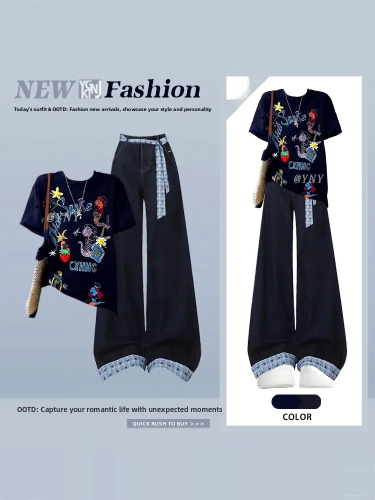 Summer Cartoon Loose round Neck Short Sleeve T-Shirt Denim Print Graffiti Top And Bottom Set Women's Fashion Casual Outfit
Summer Cartoon Loose round Neck Short Sleeve T-Shirt Denim Print Graffiti Top And Bottom Set Women's Fashion Casual Outfit