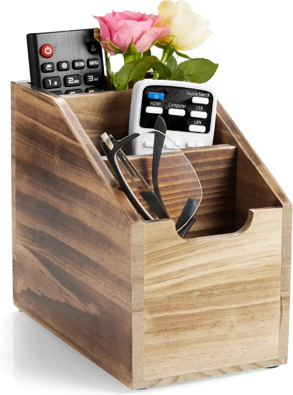 Wood Farmhouse Remote Caddy with 3 Slots for Table, Home Office Storage Box in Burnt Wood Finish
Wood Farmhouse Remote Caddy with 3 Slots for Table, Home Office Storage Box in Burnt Wood Finish