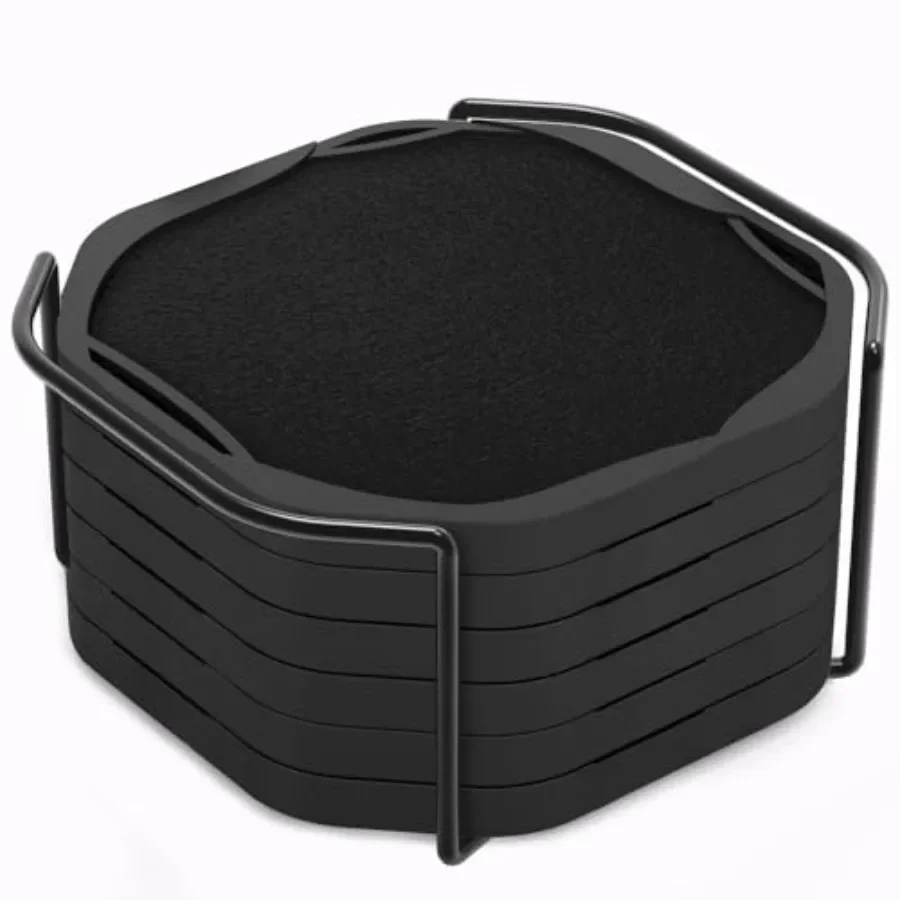 Black Octagon 4" Felt and Silicone Drink Cup Coasters Set of 6 with Holder - Super Absorbent, Built-in Leak Protection, Non-Sti
Black Octagon 4" Felt and Silicone Drink Cup Coasters Set of 6 with Holder - Super Absorbent, Built-in Leak Protection, Non-Sti