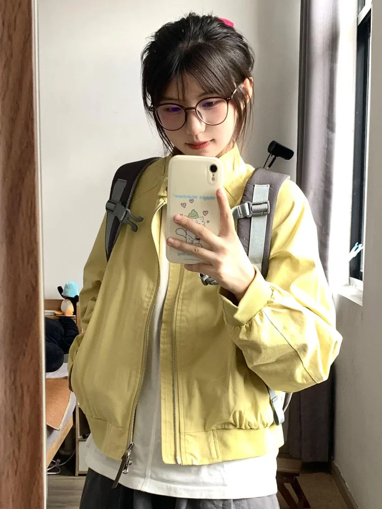 Женская осенняя японская ретро желтая рабочая одежда, куртка с допамином, приятное для миниатюрного бейсбола, свободная повседневная куртка на молнии 
Женская осенняя японская ретро желтая рабочая одежда, куртка с допамином, приятное для миниатюрного бейсбола, свободная повседневная куртка на молнии