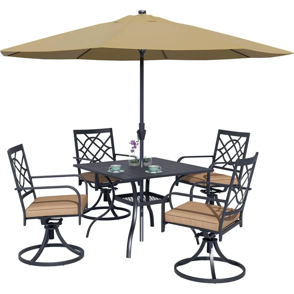 4-Person Outdoor Patio Dining Set with Metal Swivel Chairs, Square Slat Table and 9ft Umbrella
4-Person Outdoor Patio Dining Set with Metal Swivel Chairs, Square Slat Table and 9ft Umbrella