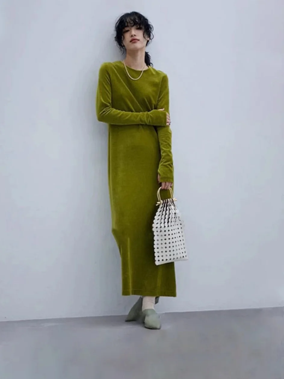 Retro Japanese Design Long Sleeve round Neck Velvet Dress Slim Fit Green Long Skirt Commute OL Style Spring Autumn Winter
Retro Japanese Design Long Sleeve round Neck Velvet Dress Slim Fit Green Long Skirt Commute OL Style Spring Autumn Winter