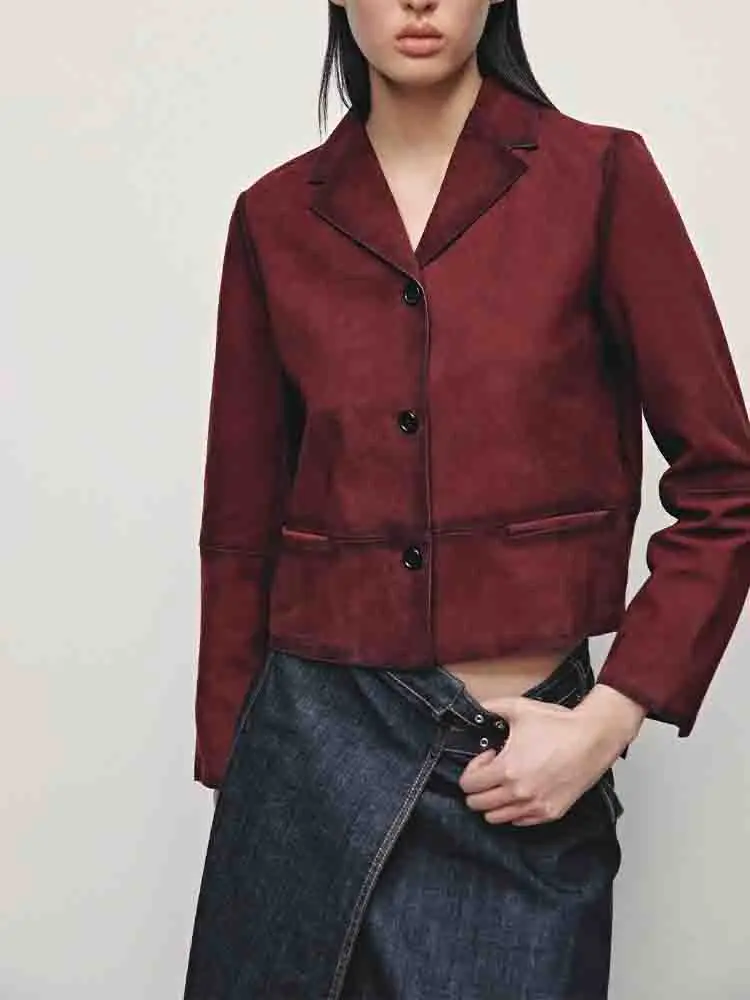European style new women's fashion versatile temperament suede leather suit collar long sleeve jacket 
European style new women's fashion versatile temperament suede leather suit collar long sleeve jacket