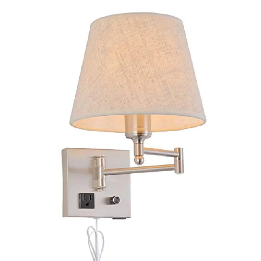 Bedside Wall Mount Light with Dimmable Switch and Outlet, Swing Arm Fabric Shade Wall Sconce Light with USB Port and Plug in Co
Bedside Wall Mount Light with Dimmable Switch and Outlet, Swing Arm Fabric Shade Wall Sconce Light with USB Port and Plug in Co