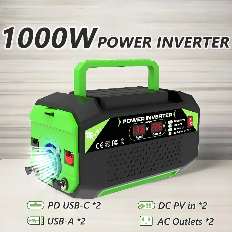 Power inverter 1000W, DC 12V to AC 110V/220V, voltage converter, for automotive/outdoor use, battery not included
Power inverter 1000W, DC 12V to AC 110V/220V, voltage converter, for automotive/outdoor use, battery not included