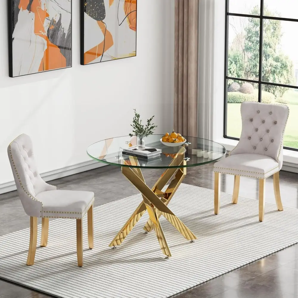Round Glass Dining Set with Tempered Glass Table and 2 Velvet Chairs for Kitchen and Small Spaces
Round Glass Dining Set with Tempered Glass Table and 2 Velvet Chairs for Kitchen and Small Spaces