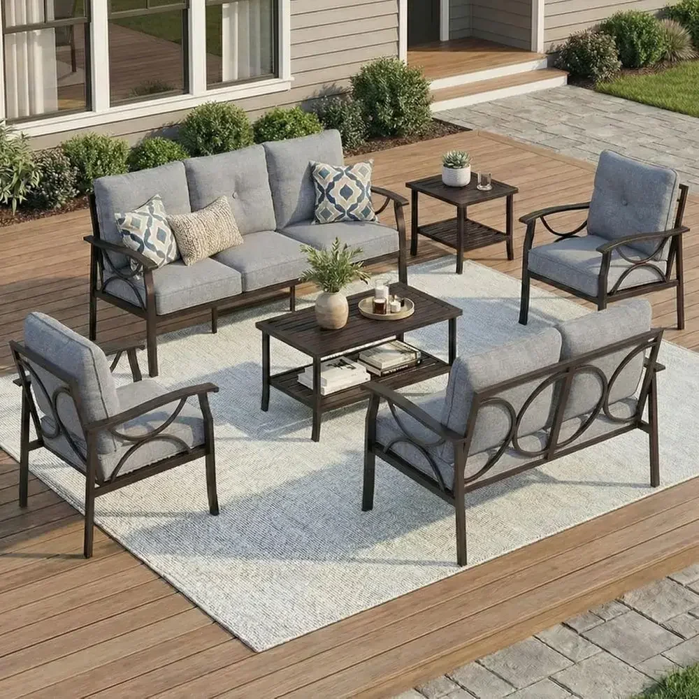 6-Piece Outdoor Metal Patio Furniture Set with Cushions, Ideal for Garden, Deck, Balcony in Grey
6-Piece Outdoor Metal Patio Furniture Set with Cushions, Ideal for Garden, Deck, Balcony in Grey