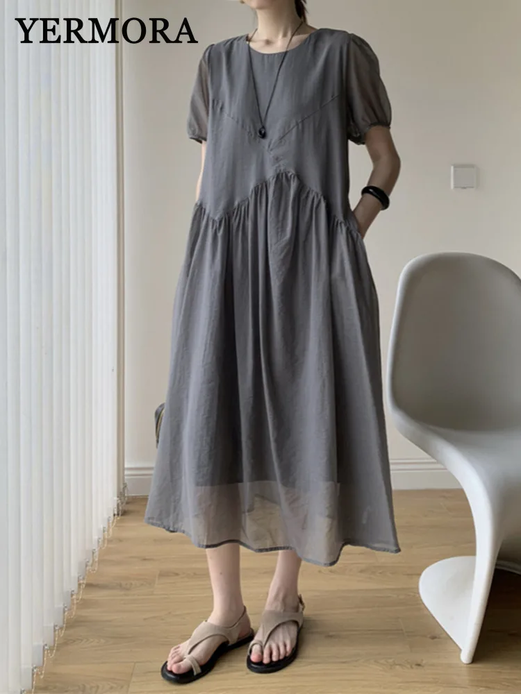 YERMORA Women Gray Irregular Mesh Elegant Dress Round Collar Short Sleeve Loose New Sundress Fashion Tide Spring Summer 2025
YERMORA Women Gray Irregular Mesh Elegant Dress Round Collar Short Sleeve Loose New Sundress Fashion Tide Spring Summer 2025