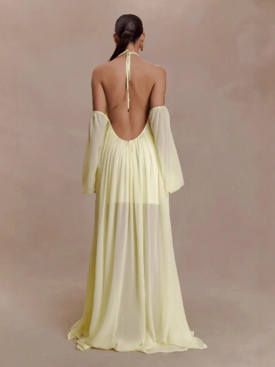 Sexy Halter Backless Party Gowns Women's Yellow Big Hem Off-shoulder Long Dresses 2026 Spring New Ladies Loose Beach Robes
Sexy Halter Backless Party Gowns Women's Yellow Big Hem Off-shoulder Long Dresses 2026 Spring New Ladies Loose Beach Robes