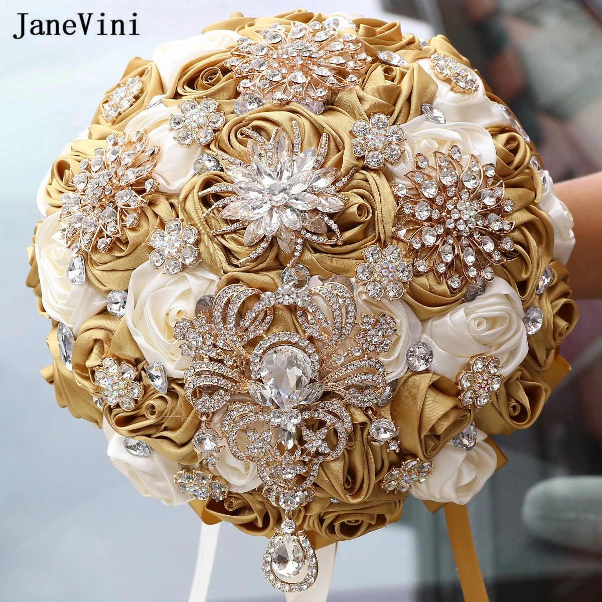 JaneVini 2023 Luxury Bridal Bouquets Jewelry Rhinestone Artificial Light Gold Ivory Satin Roses Bride Flower Bouquet for Wedding
JaneVini 2023 Luxury Bridal Bouquets Jewelry Rhinestone Artificial Light Gold Ivory Satin Roses Bride Flower Bouquet for Wedding